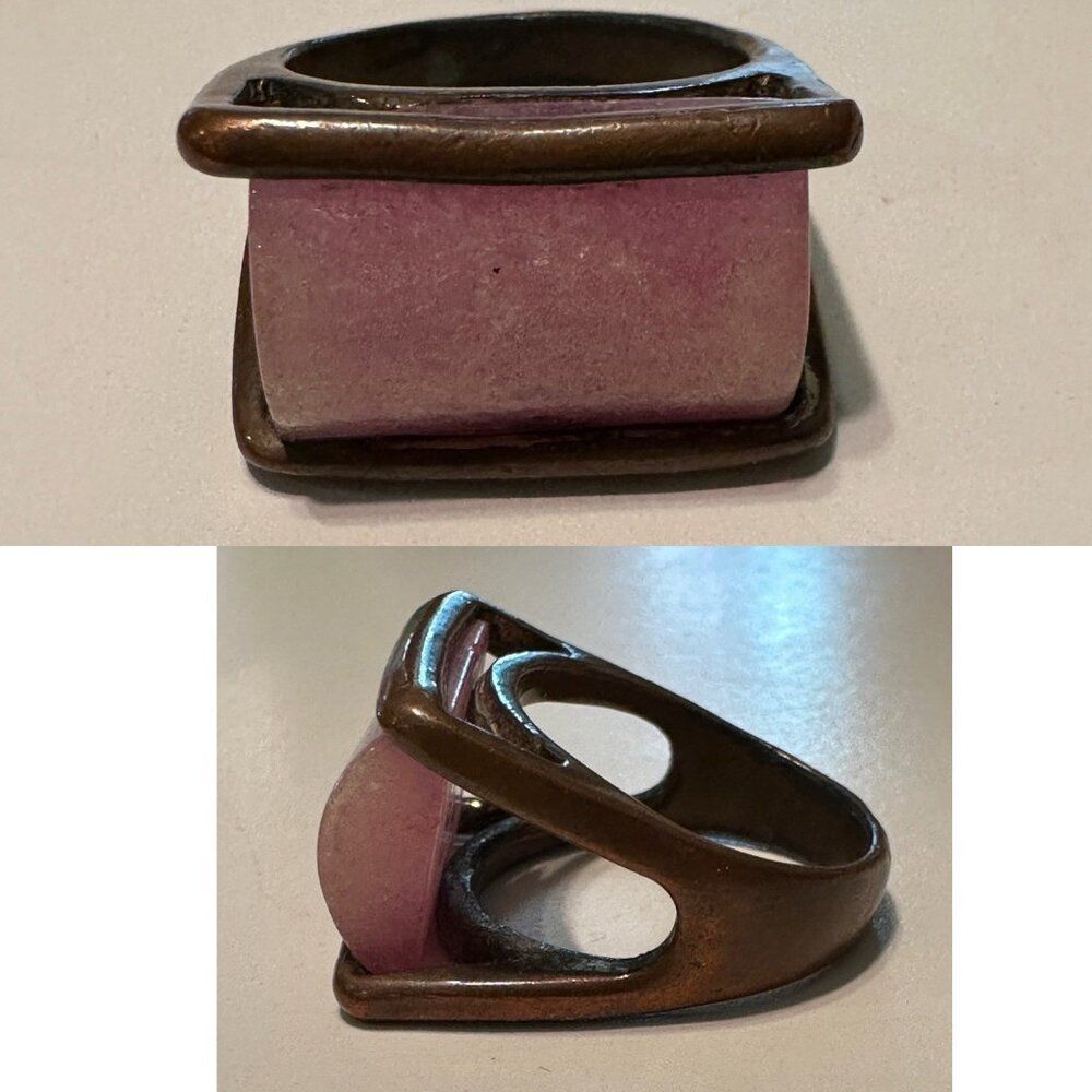 Woman Sz 9 Copper Pink Quartz Rectangle Ring Statement Bold